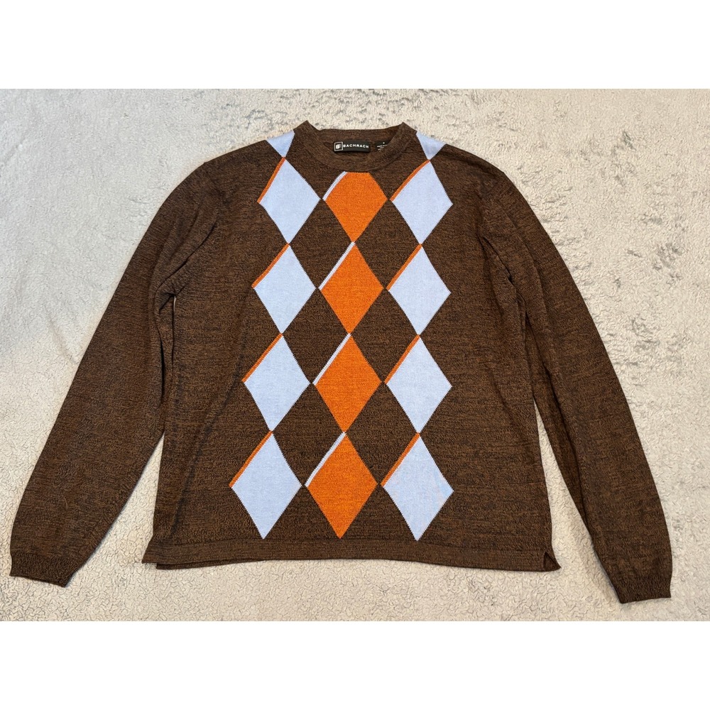 Bachrach Mens Silk Cotton Argyle Sweater Brown Orange Blue Crew Neck Small